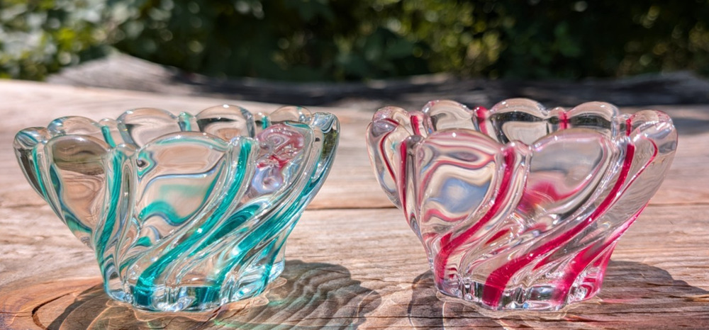 Mikasa Peppermint Red & Green Swirl Crystal Bowls 4" Germany Set of 2